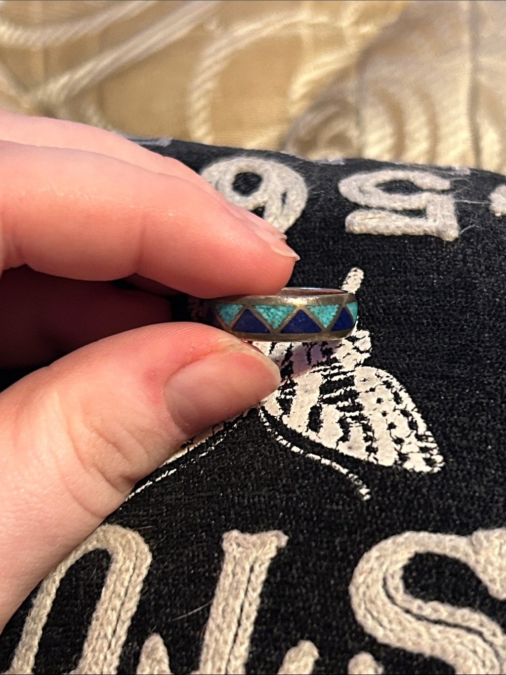 Sterling Silver Inlay Band Ring with Turquoise and Lapis Triangles
